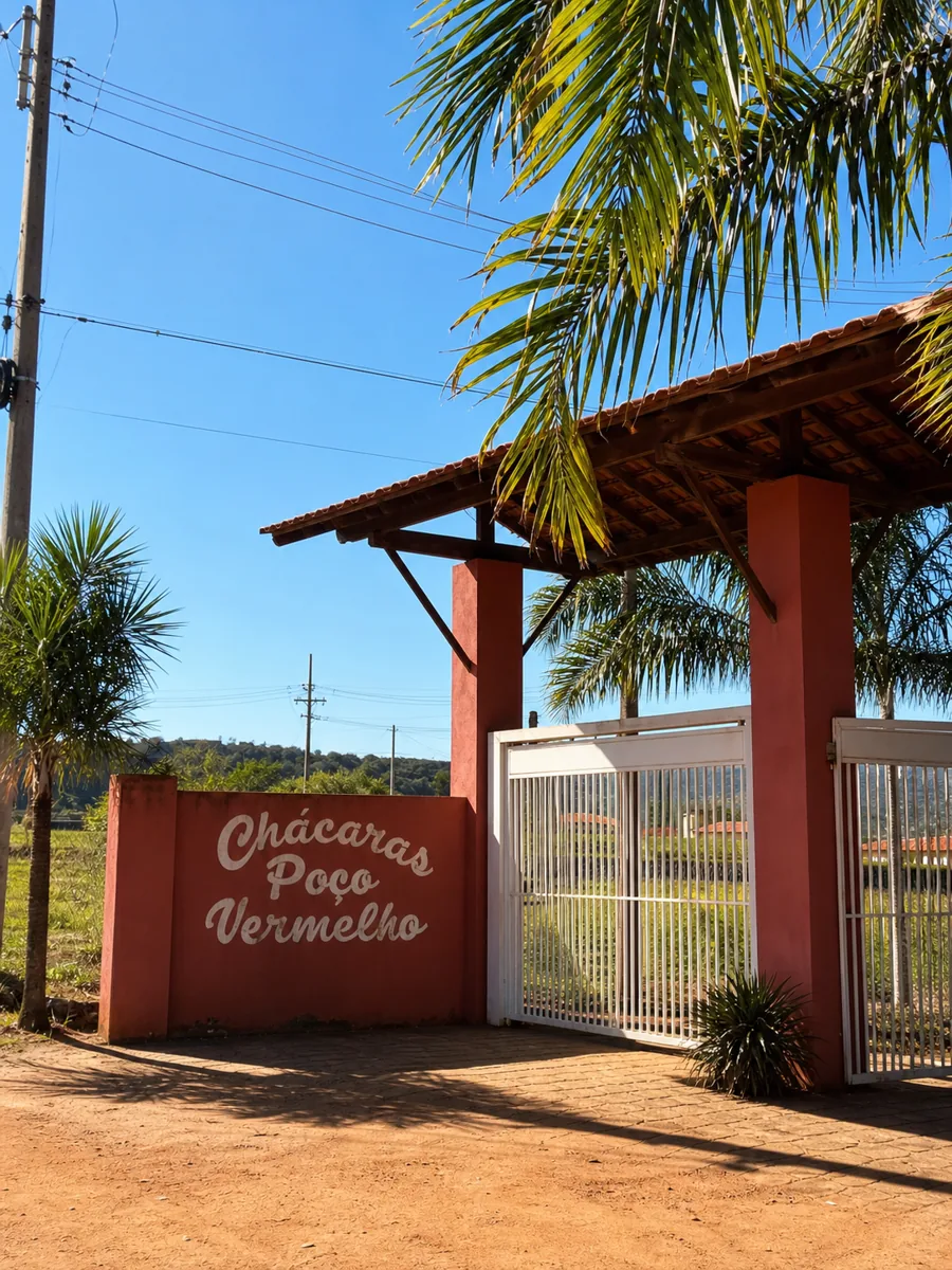 Entrada com muro vermelho e portao branco do Condominio Poco Vermelho