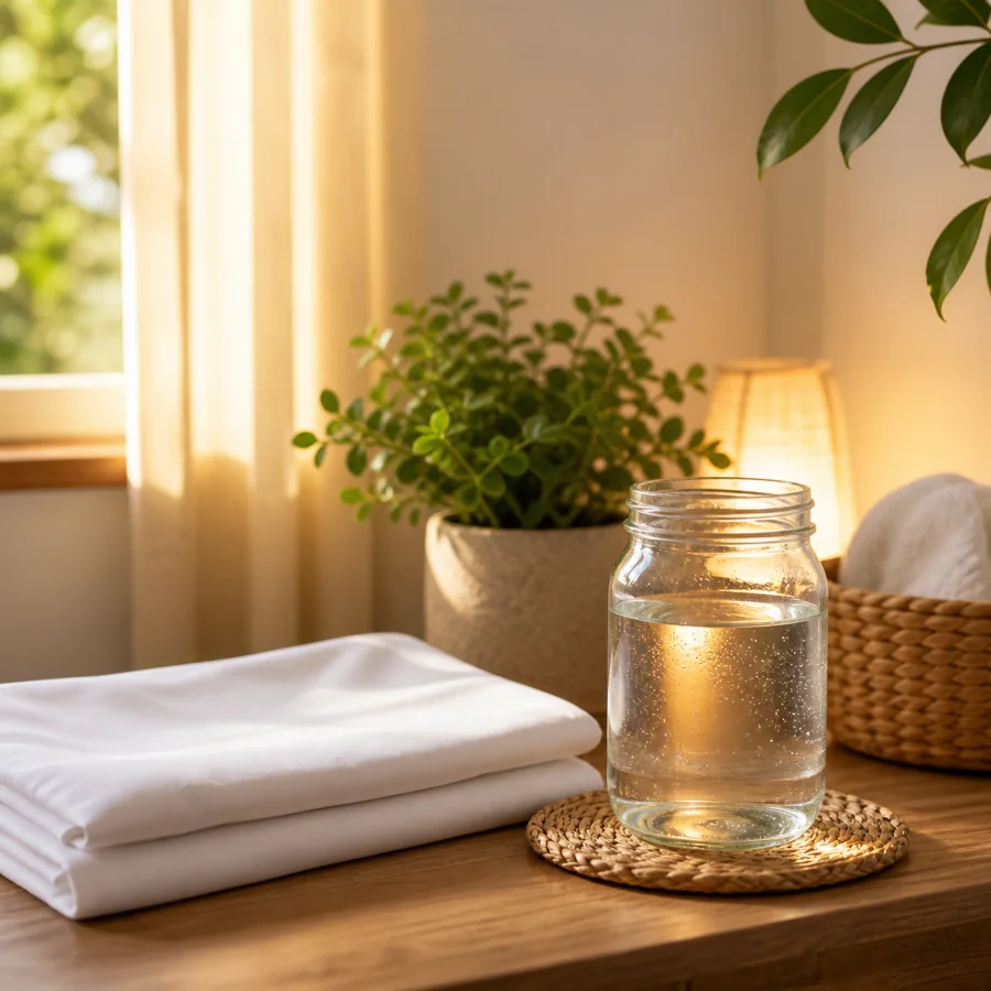 Ambiente limpo com lencol branco, planta e jarra de agua para preparacao espiritual